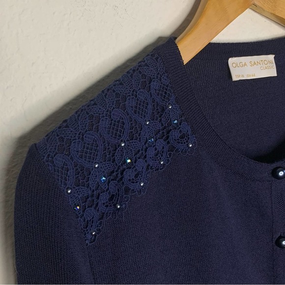 Olga Santoni Classic Blue Knit Embroidery Detail Button-Front Sweater Size USA44 - Picture 6 of 8